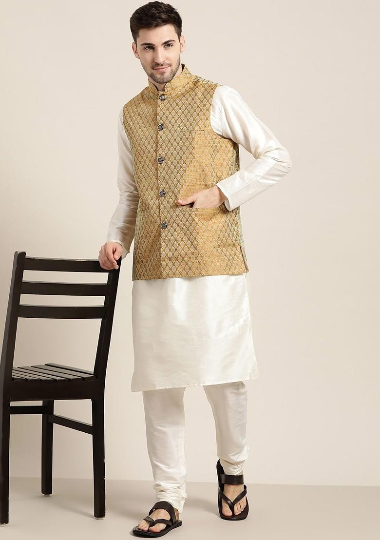 Off White Ethnic Motifs Poly Blend Kurta Set For Men