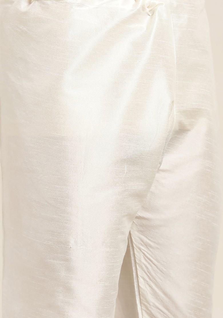 Off White Ethnic Motifs Poly Blend Kurta Set For Men