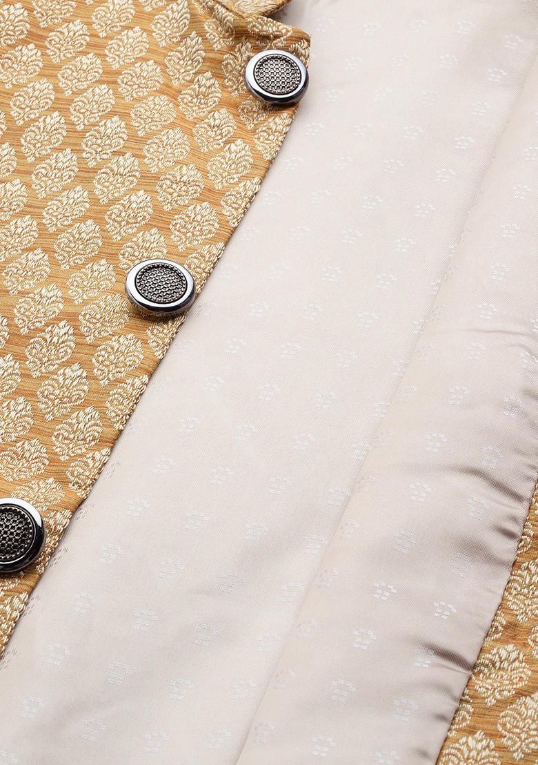 Off White Ethnic Motifs Poly Blend Kurta Set For Men