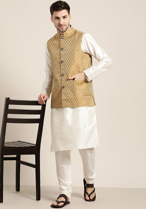 Off White Ethnic Motifs Poly Blend Kurta Set For Men