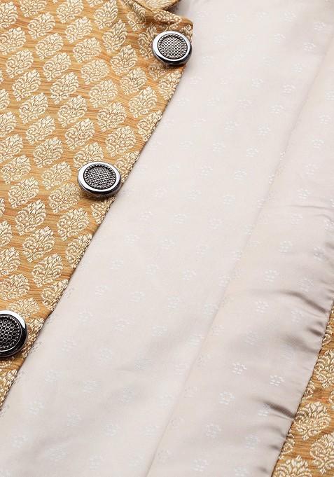 Off White Ethnic Motifs Poly Blend Kurta Set For Men