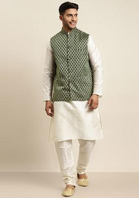 Off White Ethnic Motifs Poly Blend Kurta Set For Men