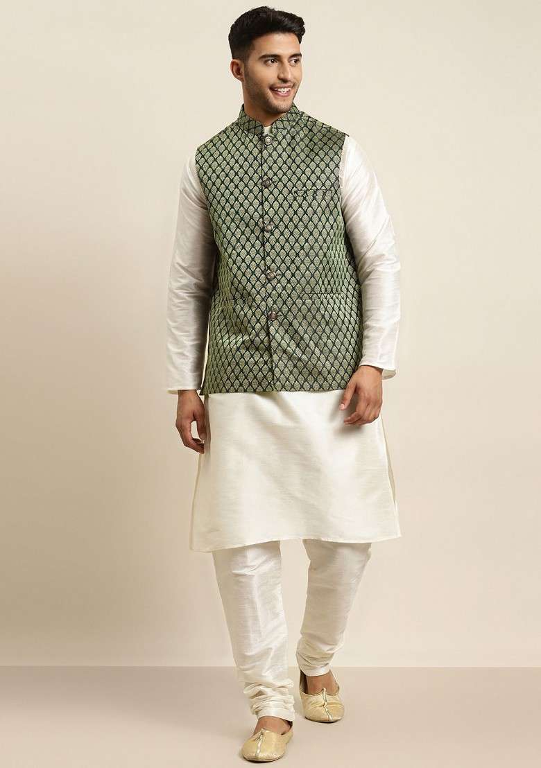 Off White Ethnic Motifs Poly Blend Kurta Set For Men - Indya