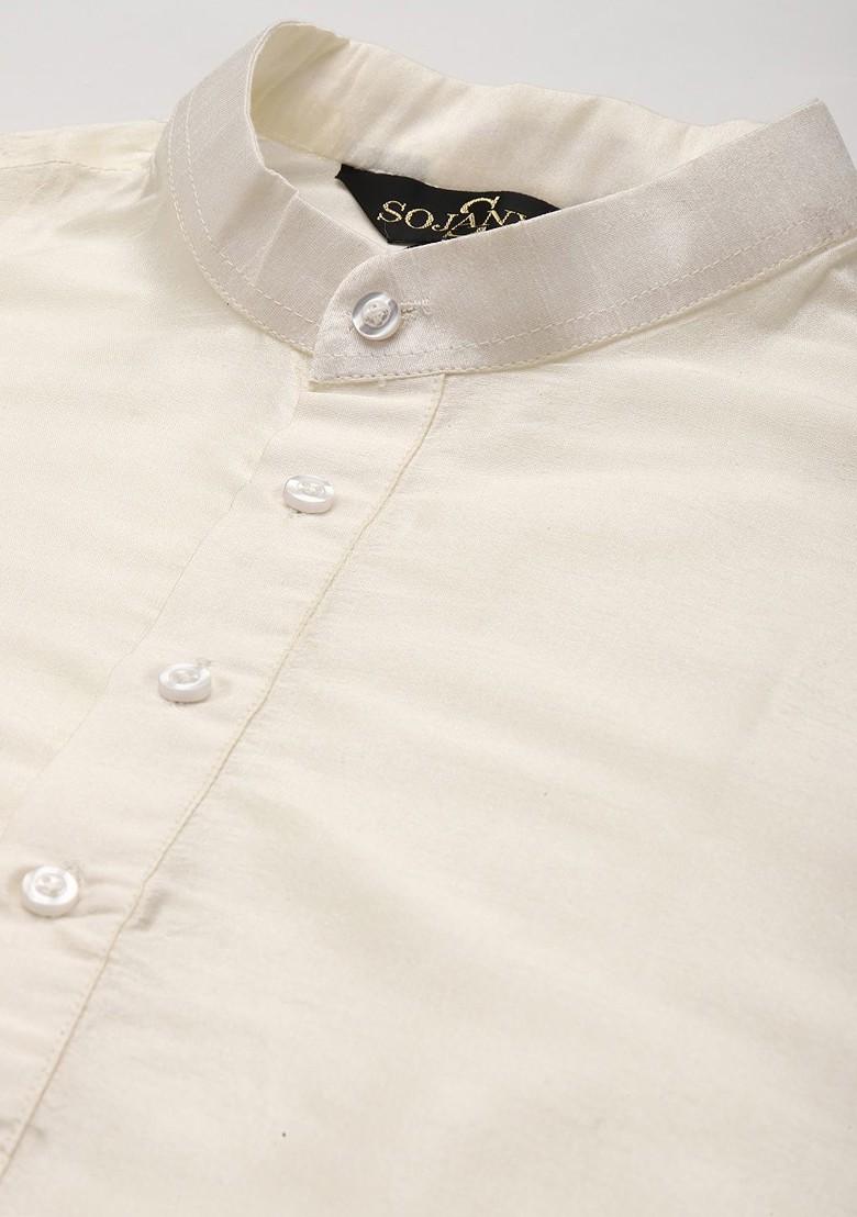 Off White Ethnic Motifs Poly Blend Kurta Set For Men