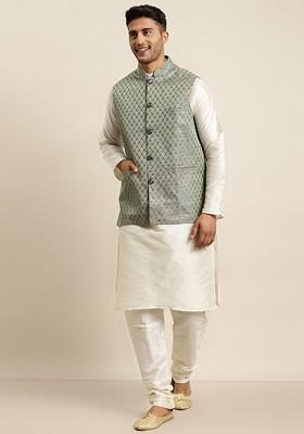 Off White Solid Poly Blend Kurta Set For Men