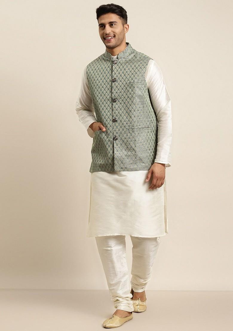 Off White Solid Poly Blend Kurta Set For Men