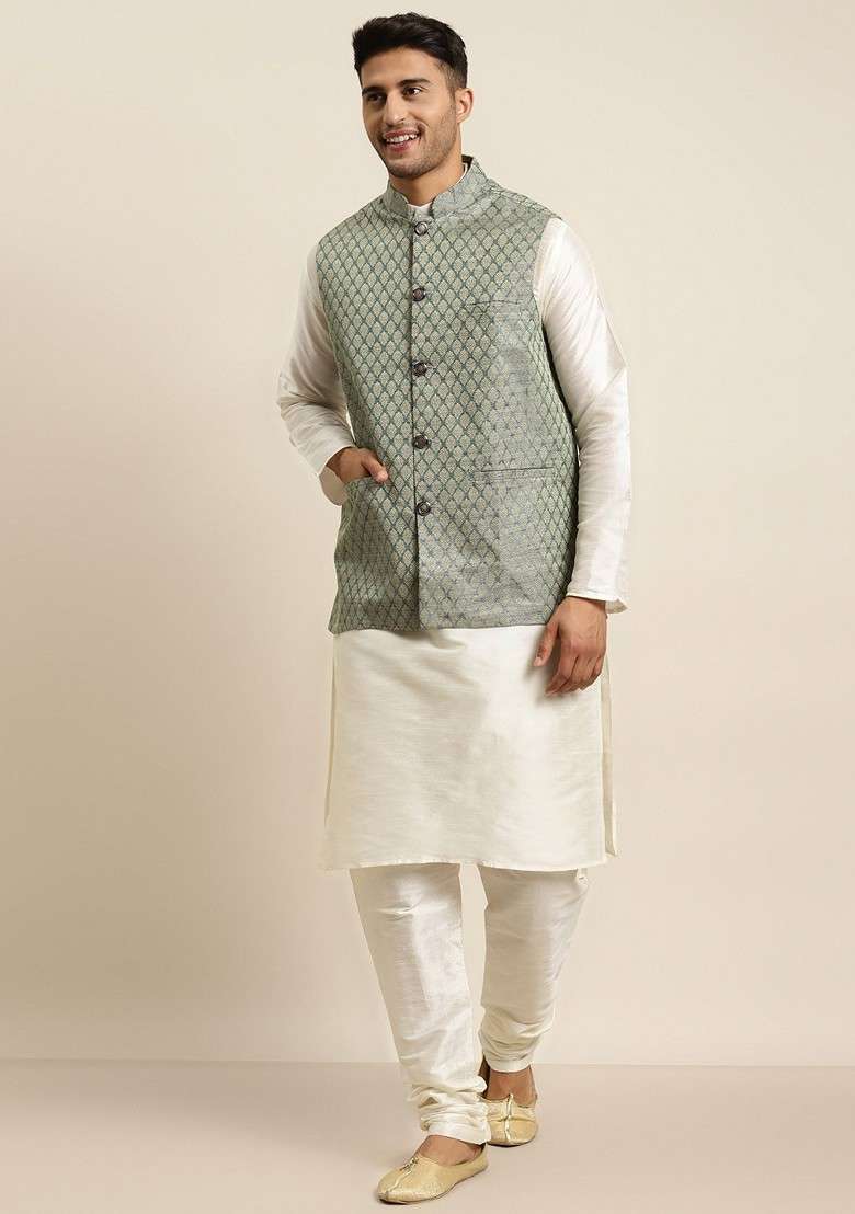 Off White Solid Poly Blend Kurta Set For Men - Indya