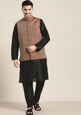 Black Solid Jacquard Kurta Set For Men