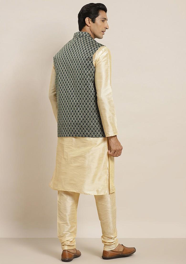 Gold Solid Poly Blend Kurta Set For Men