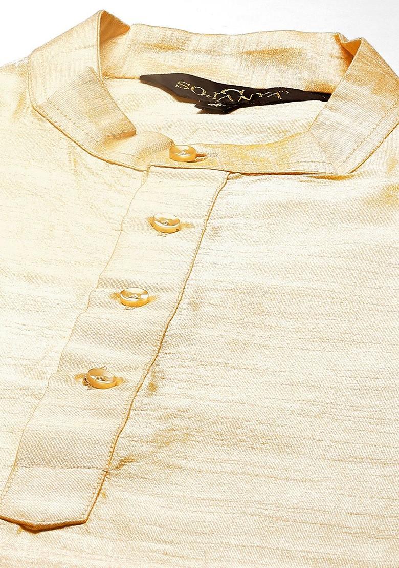 Gold Solid Poly Blend Kurta Set For Men