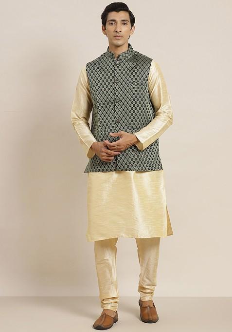 Gold Solid Poly Blend Kurta Set For Men
