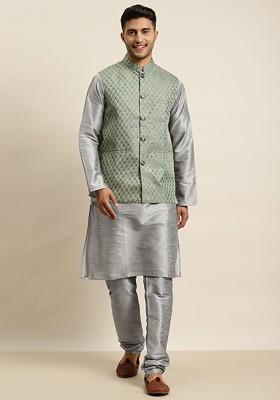 Grey Solid Poly Blend Kurta Set For Men