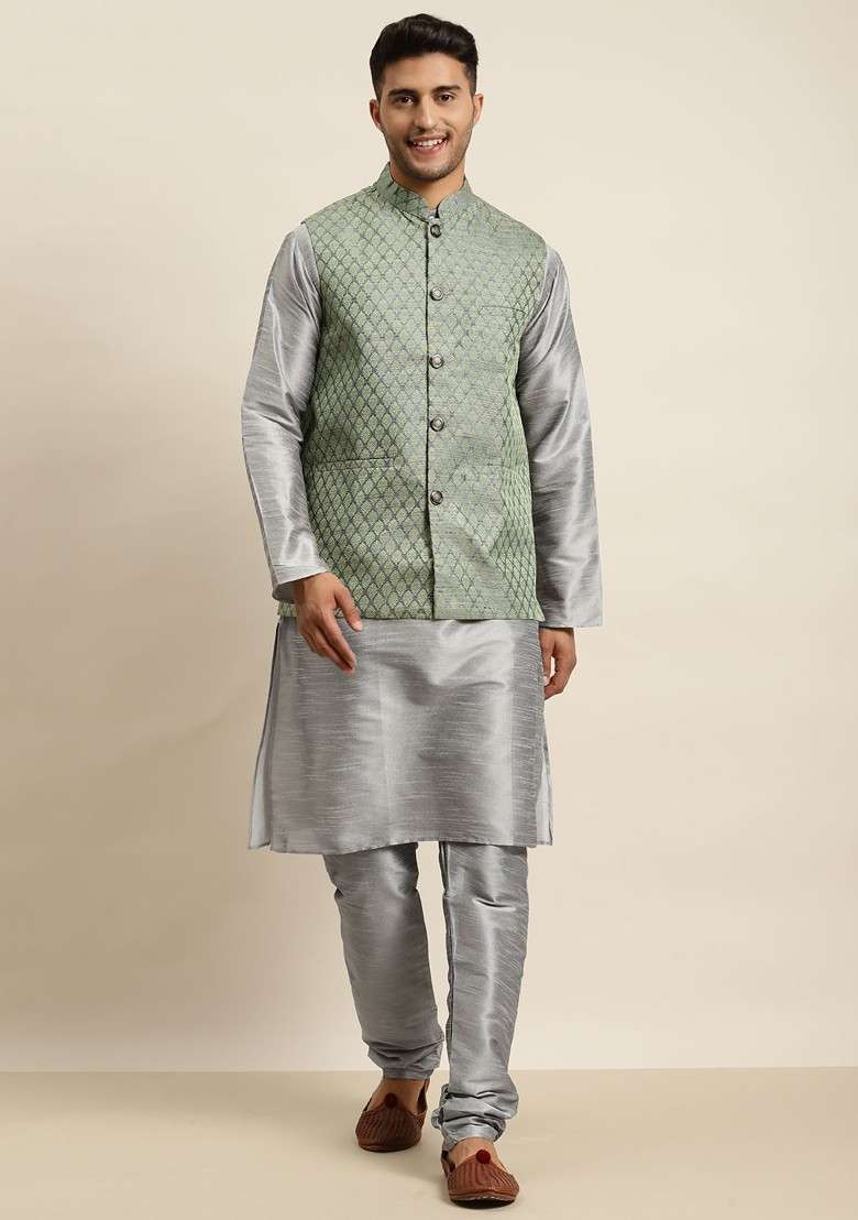 Grey Solid Poly Blend Kurta Set For Men - Indya