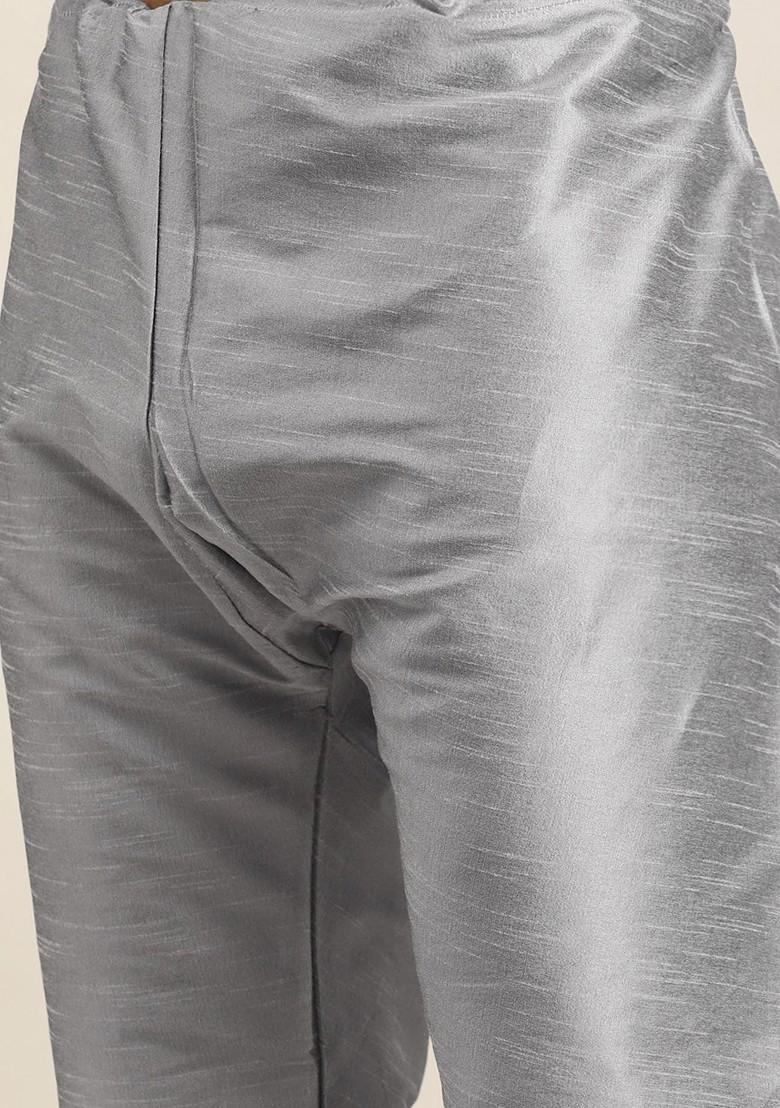 Grey Solid Poly Blend Kurta Set For Men