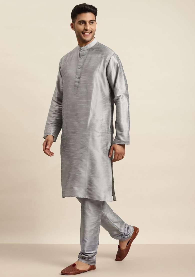 Grey Solid Poly Blend Kurta Set For Men - Indya