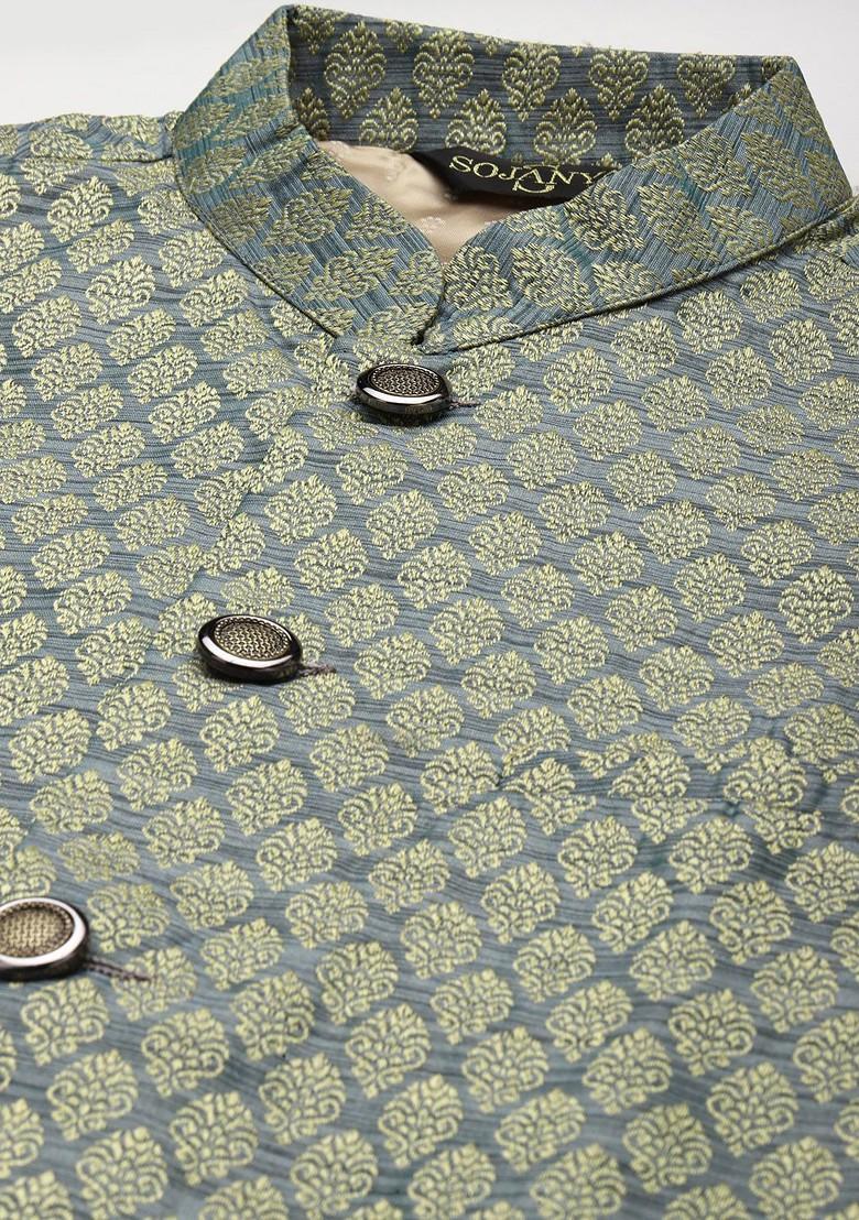 Grey Solid Poly Blend Kurta Set For Men