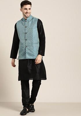 Black Ethnic Motifs Poly Blend Kurta Set For Men