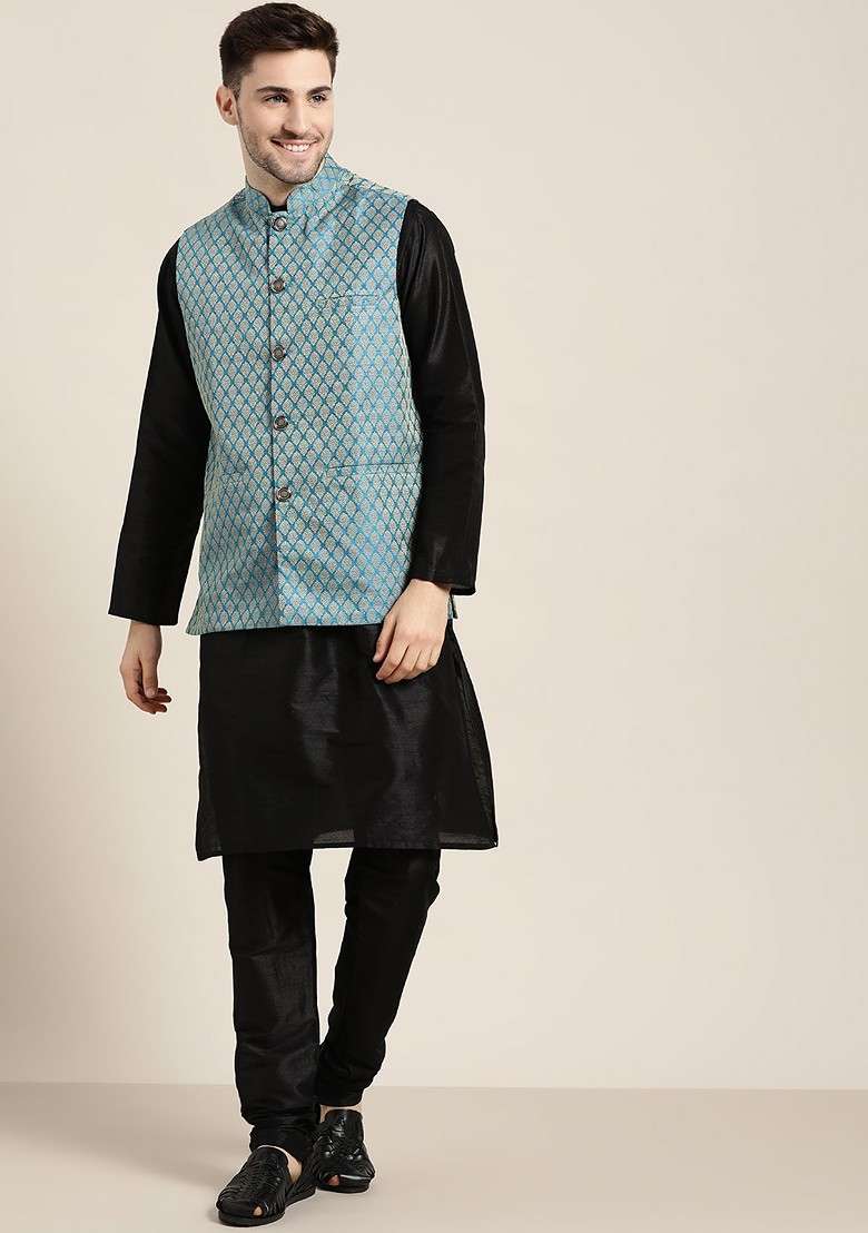 Black Ethnic Motifs Poly Blend Kurta Set For Men - Indya