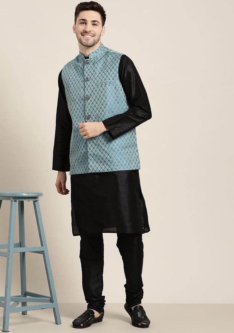 Black Ethnic Motifs Poly Blend Kurta Set For Men