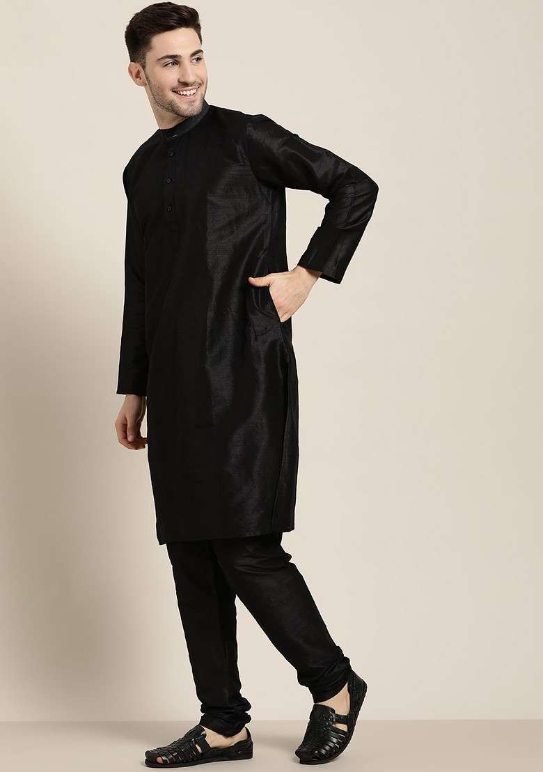 Black Ethnic Motifs Poly Blend Kurta Set For Men - Indya