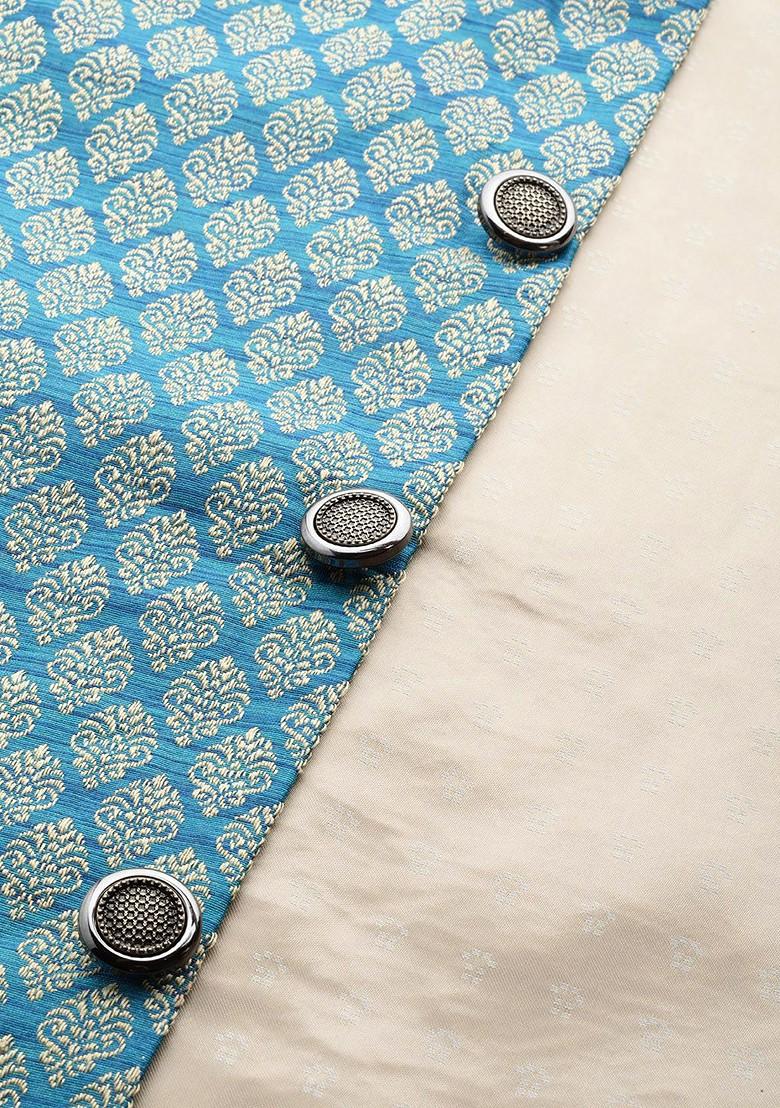 Black Ethnic Motifs Poly Blend Kurta Set For Men