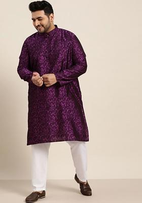 Purple Printed Poly Blend Kurta Set For Men