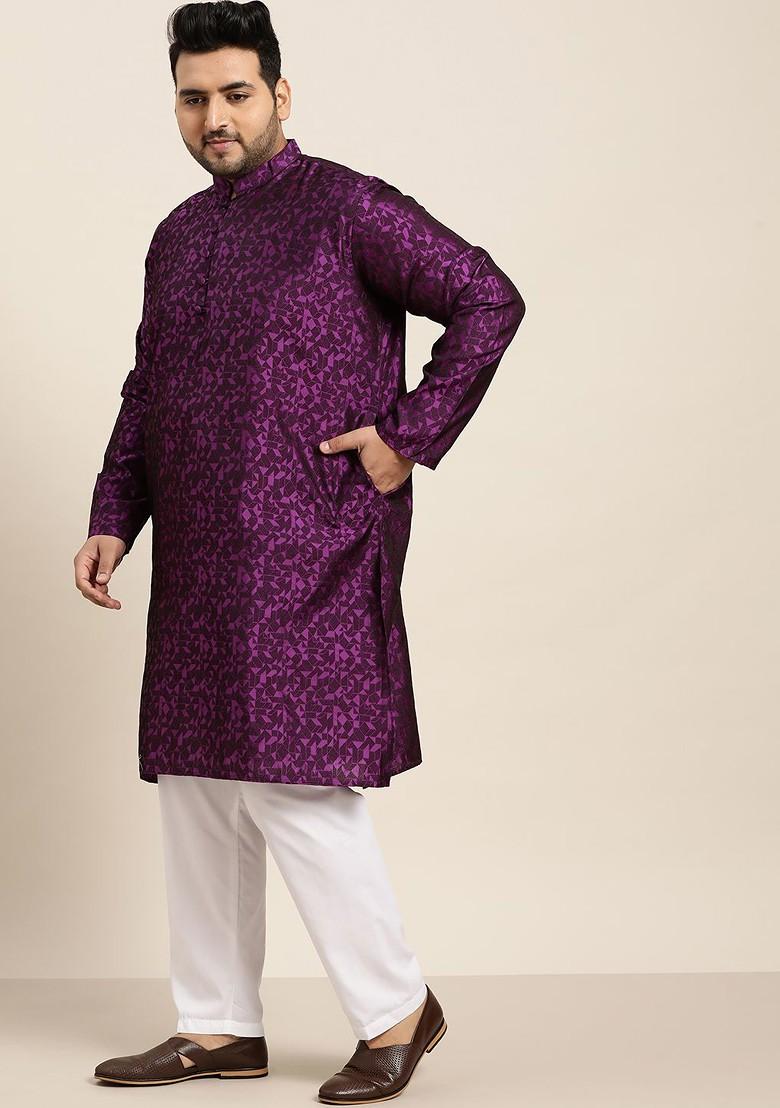 Purple Printed Poly Blend Kurta Set For Men