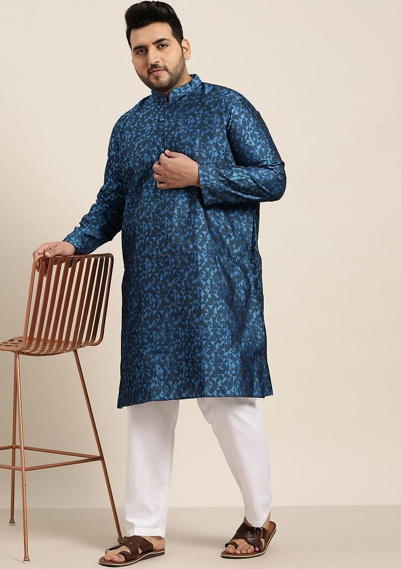 Blue Printed Poly Blend Kurta Set For Men