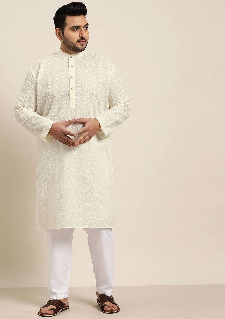 Cream Embroidered Cotton Kurta Set For Men - Indya