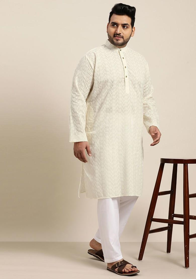 Cream Embroidered Cotton Kurta Set For Men