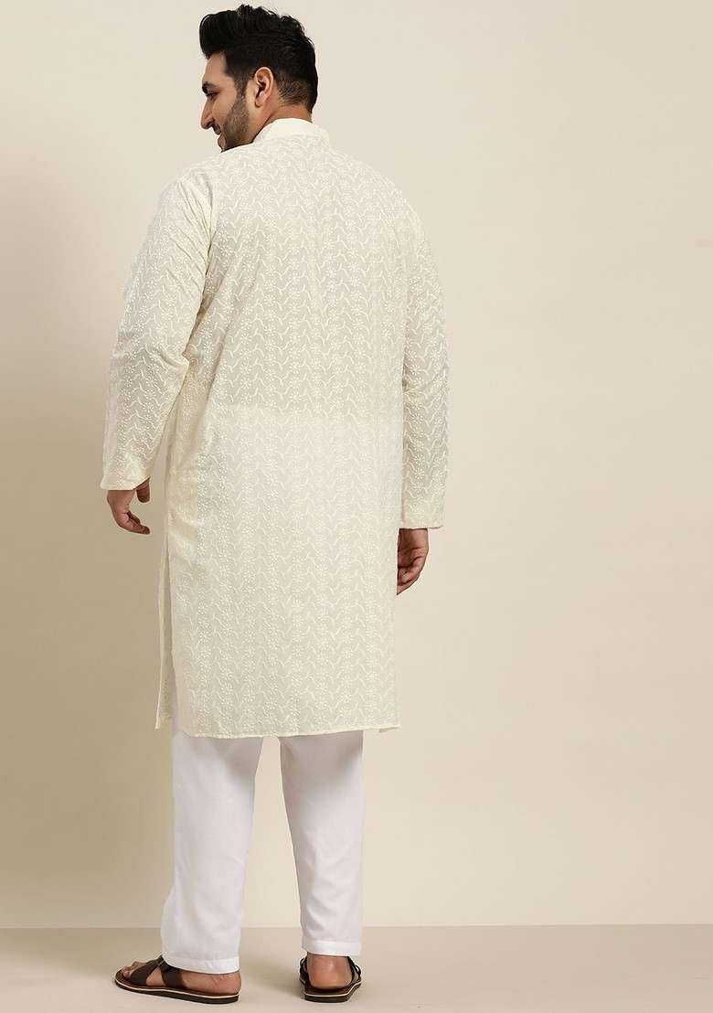 Cream Embroidered Cotton Kurta Set For Men - Indya