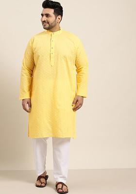 Yellow Embroidered Cotton Kurta Set For Men