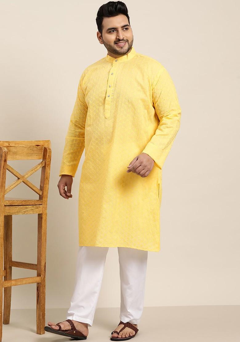 Yellow Embroidered Cotton Kurta Set For Men