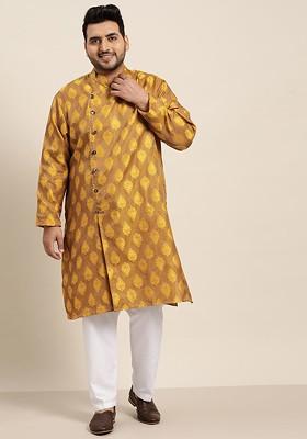 Mustard Thread Work Poly Blend Kurta Set For Men