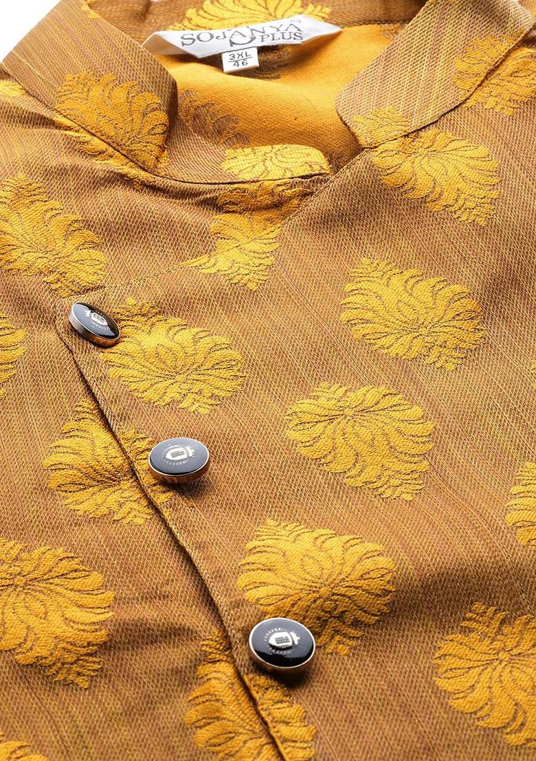 Mustard Thread Work Poly Blend Kurta Set For Men
