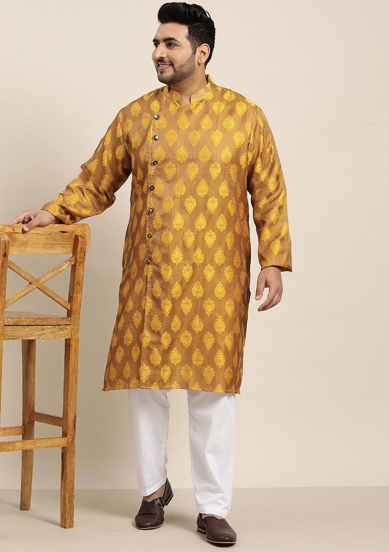Mustard Thread Work Poly Blend Kurta Set For Men