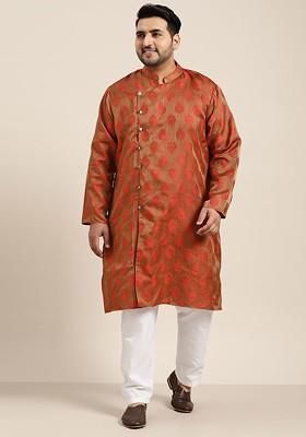 Rust Orange Ethnic Motifs Poly Blend Kurta Set For Men