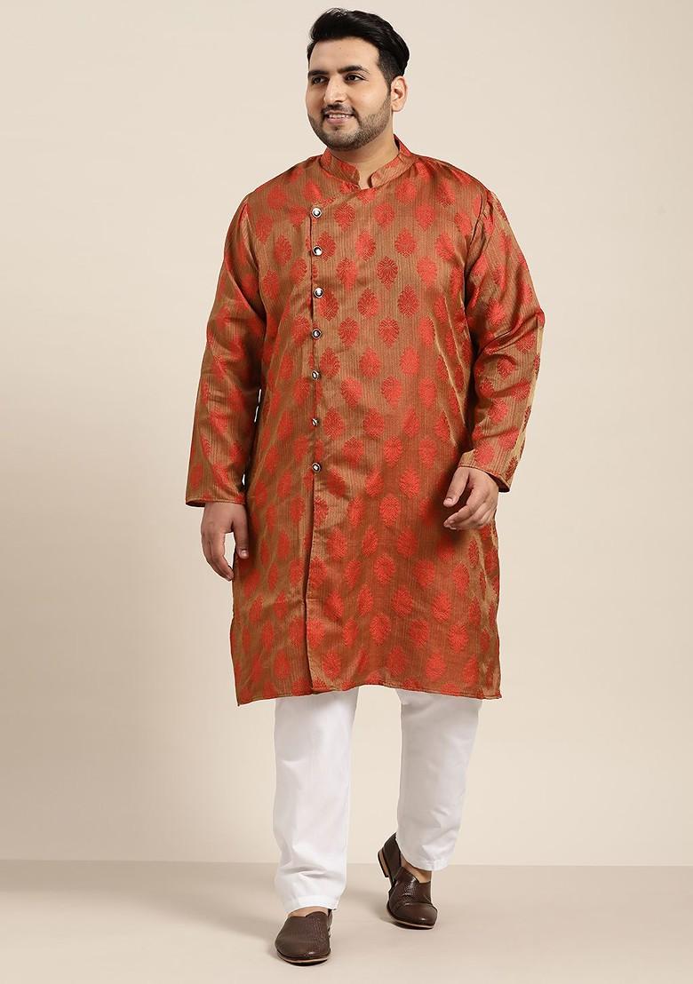 Rust Orange Ethnic Motifs Poly Blend Kurta Set For Men