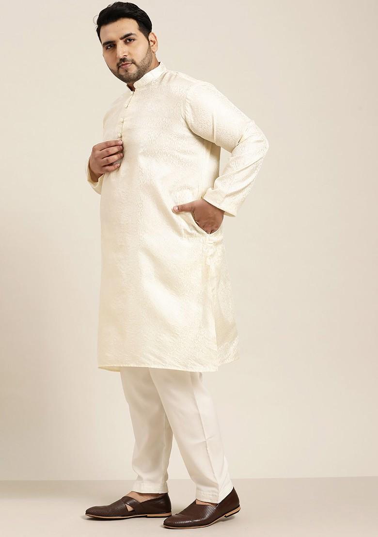 Off White Woven Poly Blend Kurta Set For Men