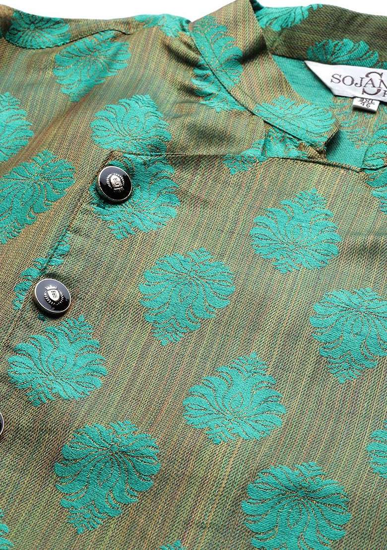 Olive Ethnic Motifs Jacquard Kurta Set For Men - Indya