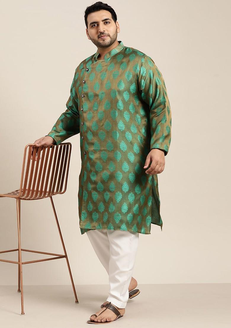 Olive Ethnic Motifs Jacquard Kurta Set For Men
