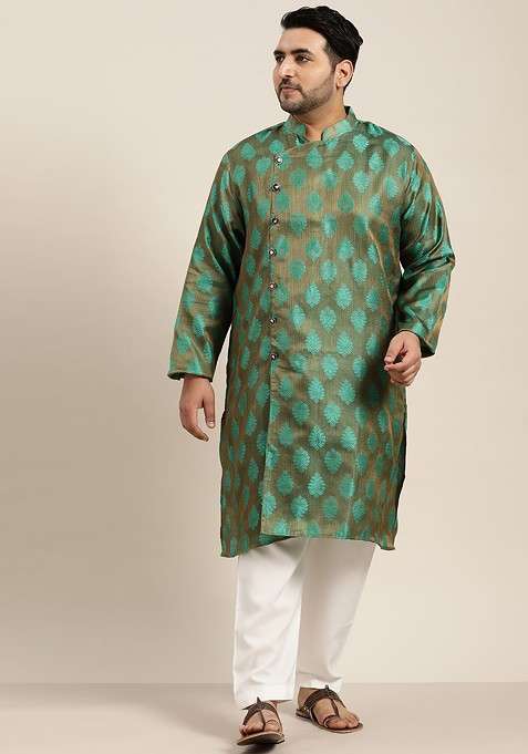 Olive Ethnic Motifs Jacquard Kurta Set For Men