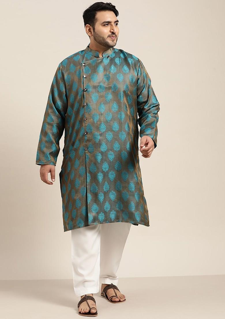 Olive Ethnic Motifs Jacquard Kurta Set For Men