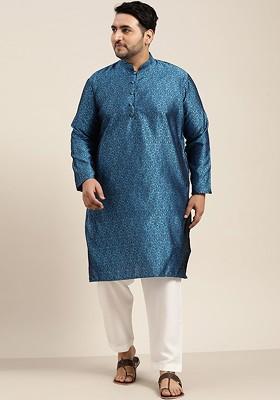 Teal Blue Solid Poly Blend Kurta Set For Men