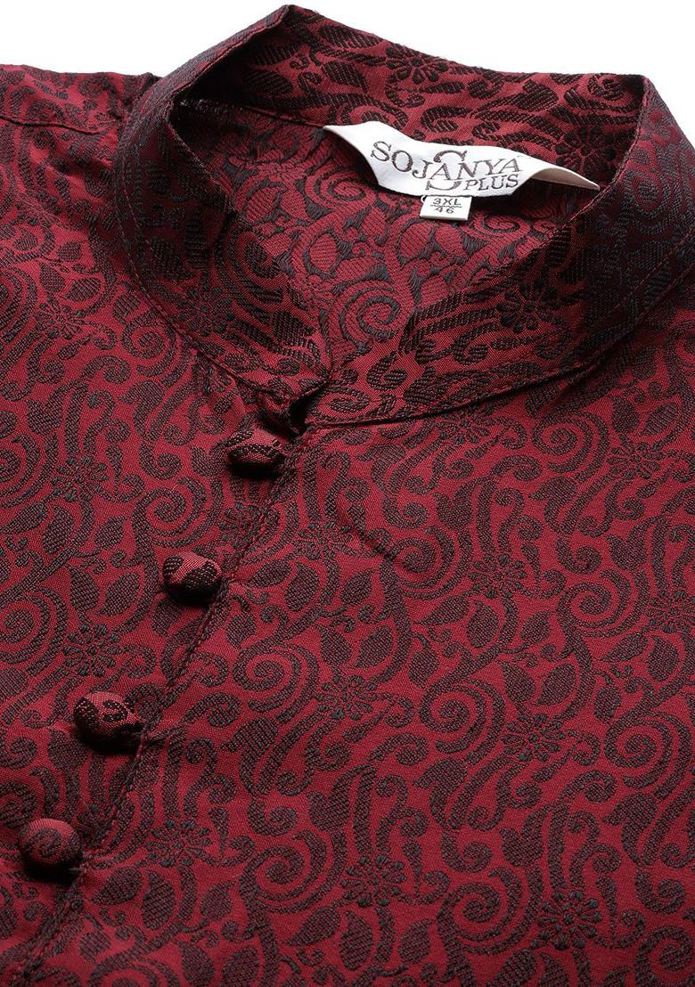 Maroon Woven Poly Blend Kurta Set For Men