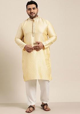 Yellow Woven Poly Blend Kurta Set For Men