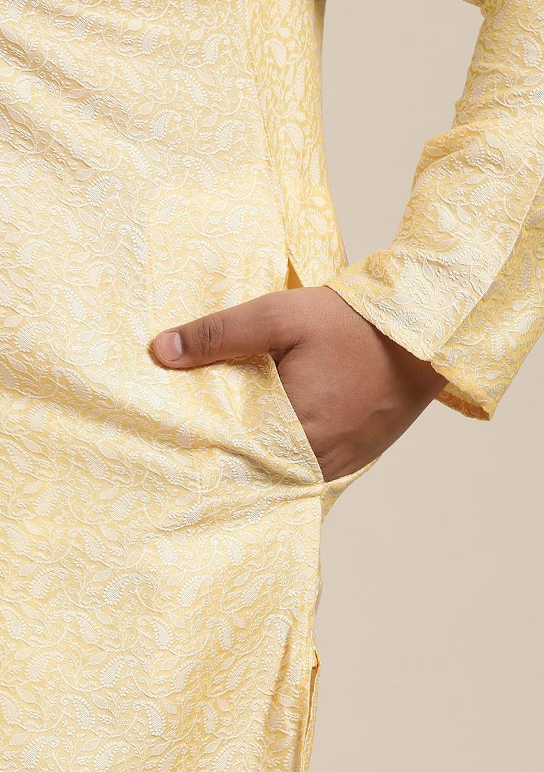 Yellow Woven Poly Blend Kurta Set For Men