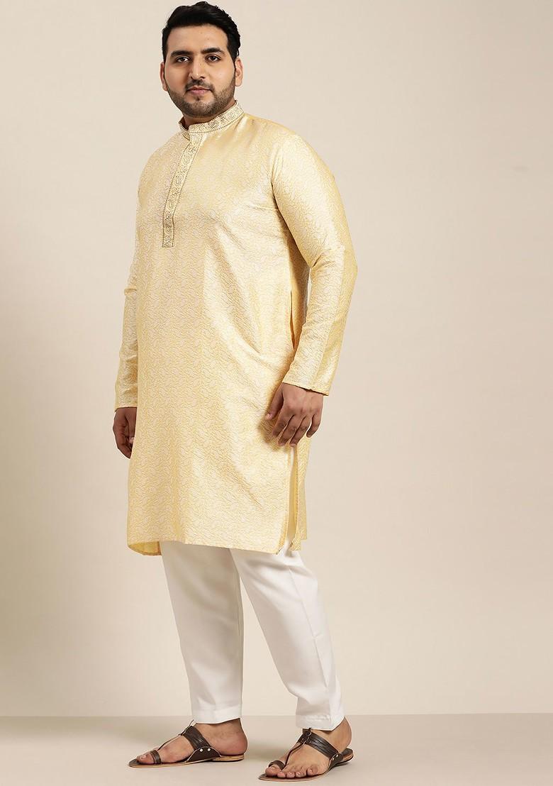 Yellow Woven Poly Blend Kurta Set For Men