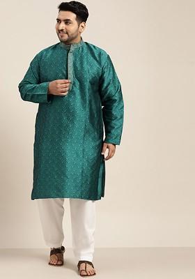 Teal Blue Embroidered Poly Blend Kurta Set For Men