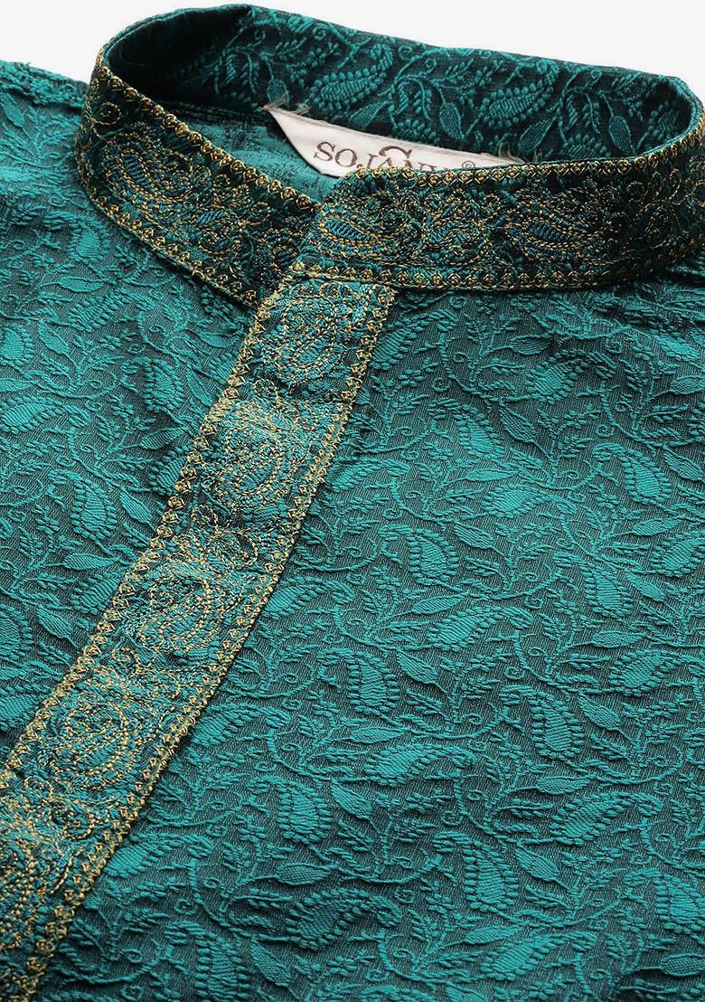 Teal Blue Embroidered Poly Blend Kurta Set For Men